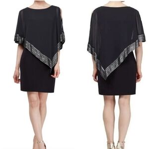 NWT SLNY Black Silver Foil Trim Asymmetrical Popover Cape Cocktail Dress 6